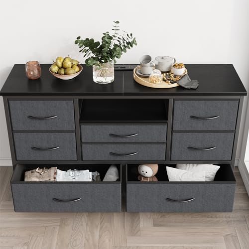 Jojoka 8-Drawer LED Dresser TV Stand with Power Outlet for 55'' TV - Wide Storage Chest for Bedroom